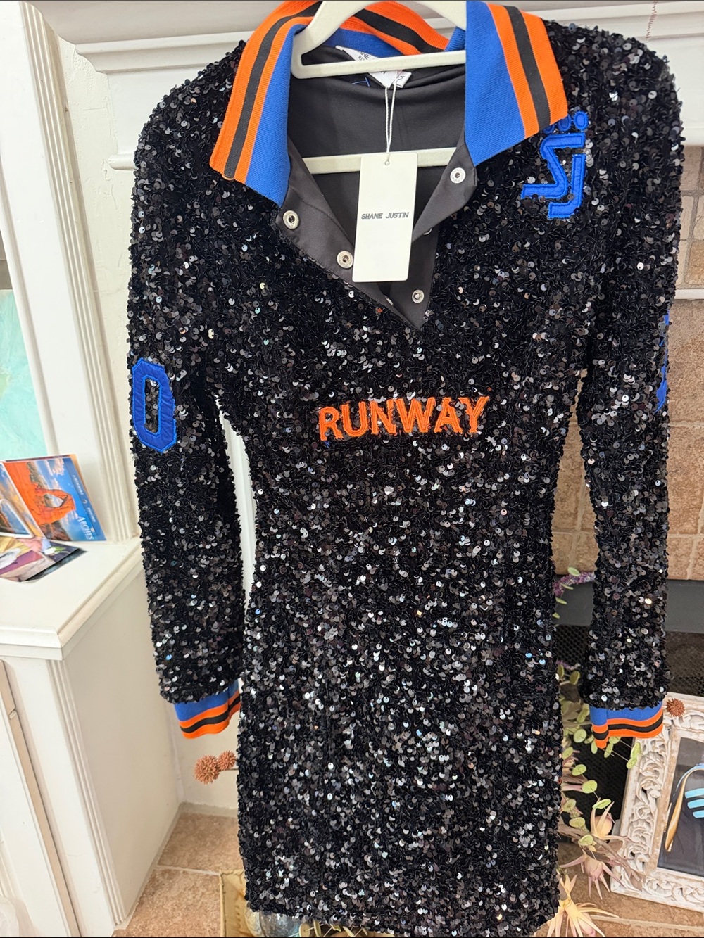 NWT SHANE JUSTIN Runway Sequin Polo Mini Dress Black Blue Orange Size M